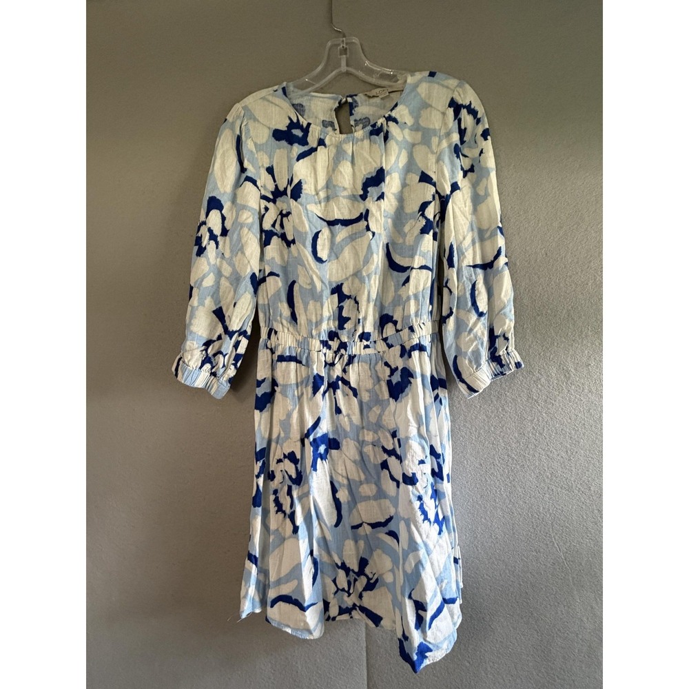 LOFT Dress Womens S Blue Floral Round Neck Puff Sleeve Fit & Flare Short Casual